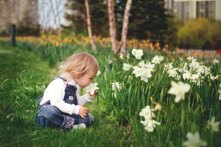 Un enfant est assis dans un jardin fleuri et sent des fleurs blanches